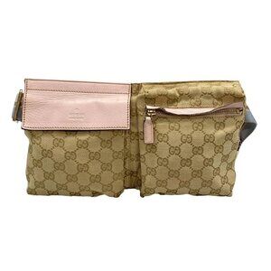 Auth GUCCI GG 28566 Beige Light Pink Multi Jacquard Leather Bum Bag